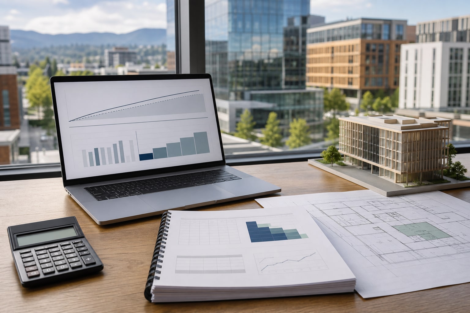 Commercial real estate underwriting materials, an abstract rate chart, and a building model