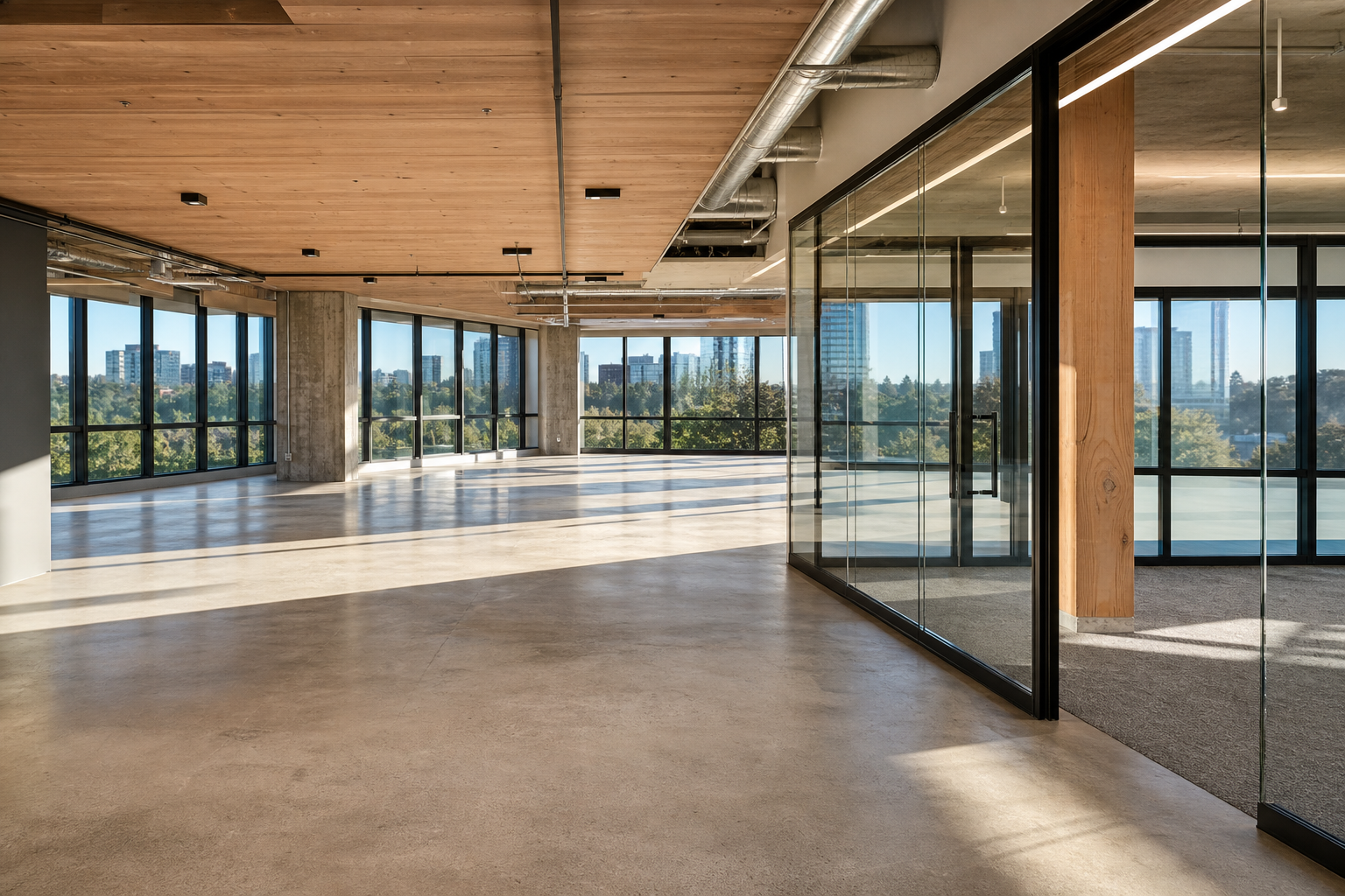 An illustrative premium office suite in daylight with no tenant branding