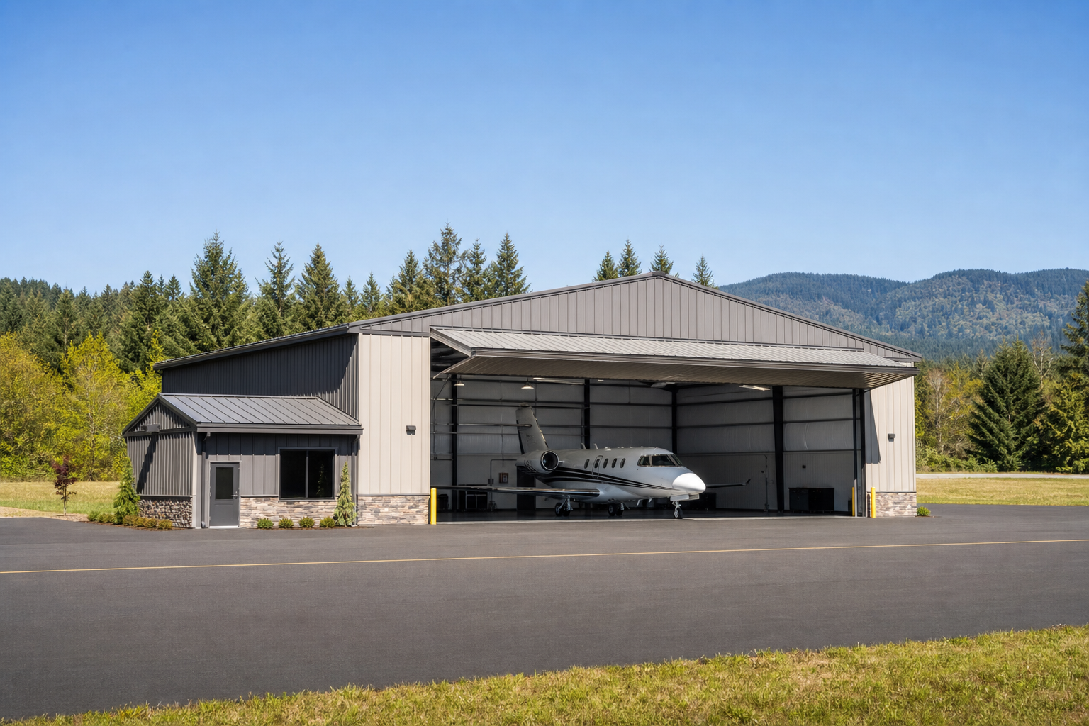 Illustrative private aircraft hangar in clear daylight with no visible branding