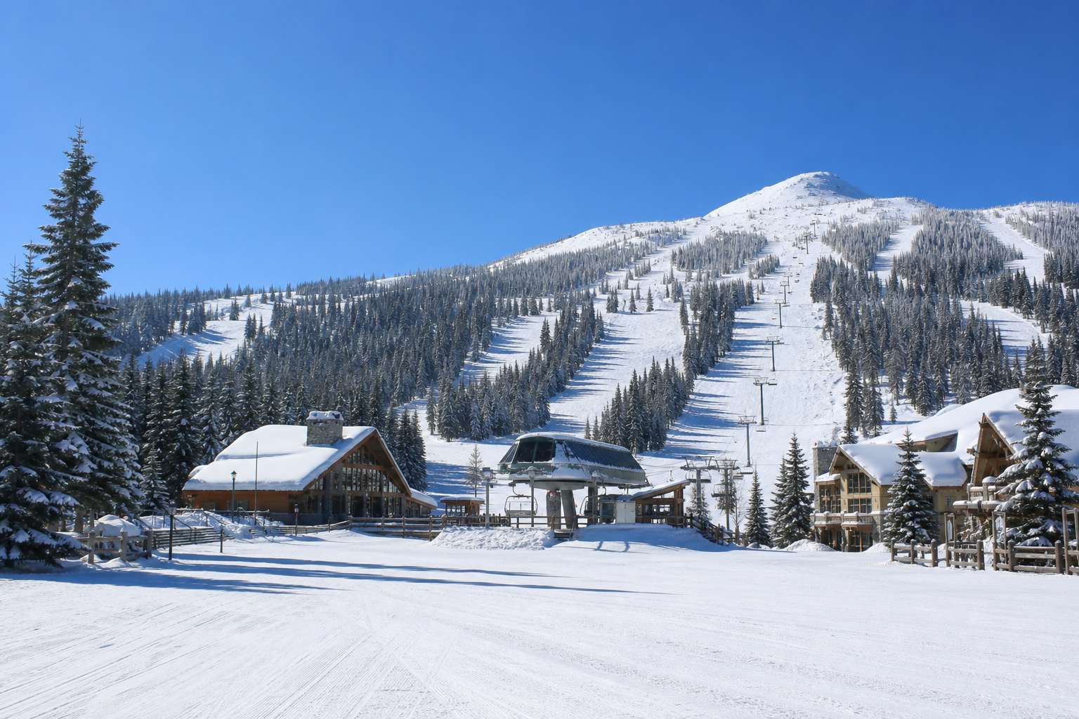 Illustrative Pacific Northwest ski resort base area in clear daylight