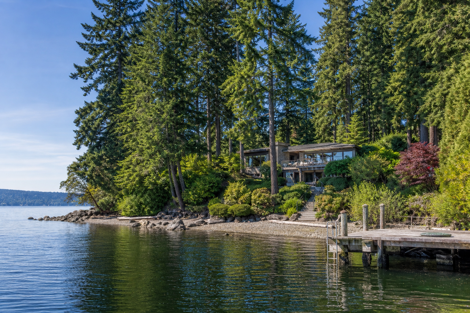Illustrative Pacific Northwest waterfront property in clear daylight